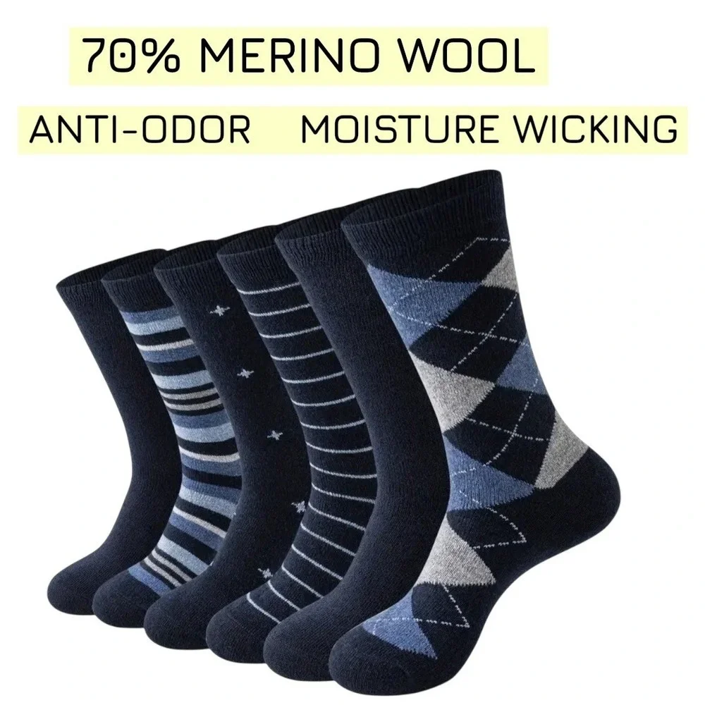 High Quality Merino Wool Thick Dress Socks LARGE Geometric Anti-Odor 6 Pack NICE